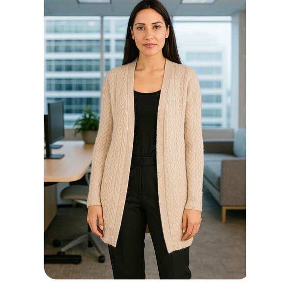 Garnet Hill size L cardign 100% cashmere cream open front elevated office - Picture 1 of 8